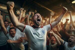 excité Angleterre Football Ventilateurs applaudissement pour leur équipe pendant une Jeu à stade. ai généré pro photo