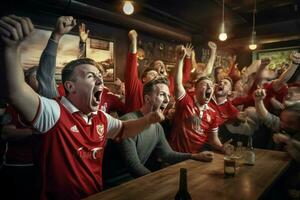 excité Angleterre Football Ventilateurs applaudissement pour leur équipe pendant une Jeu à stade. ai généré pro photo