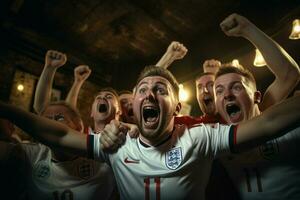 excité Angleterre Football Ventilateurs applaudissement pour leur équipe pendant une Jeu à stade. ai généré pro photo