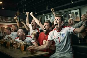 excité Angleterre Football Ventilateurs applaudissement pour leur équipe pendant une Jeu à stade. ai généré pro photo
