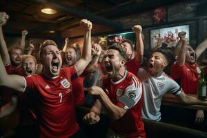 excité Angleterre Football Ventilateurs applaudissement pour leur équipe pendant une Jeu à stade. ai généré pro photo