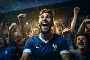 excité France Football Ventilateurs applaudissement pour leur équipe pendant une Jeu à stade. ai généré pro photo