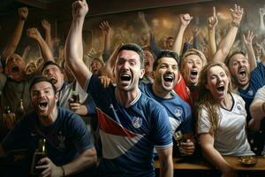 excité France Football Ventilateurs applaudissement pour leur équipe pendant une Jeu à stade. ai généré pro photo