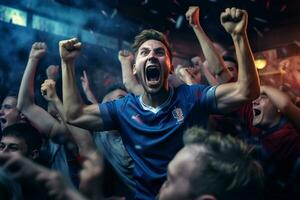 excité France Football Ventilateurs applaudissement pour leur équipe pendant une Jeu à stade. ai généré pro photo