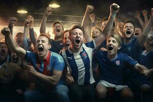 excité France Football Ventilateurs applaudissement pour leur équipe pendant une Jeu à stade. ai généré pro photo