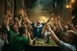 excité Italie Football Ventilateurs applaudissement pour leur équipe pendant une Jeu à stade. ai généré pro photo