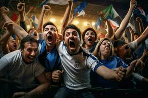 excité Italie Football Ventilateurs applaudissement pour leur équipe pendant une Jeu à stade. ai généré pro photo