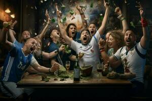 excité Italie Football Ventilateurs applaudissement pour leur équipe pendant une Jeu à stade. ai généré pro photo