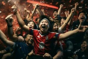 excité Japon Football Ventilateurs applaudissement pour leur équipe pendant une Jeu à stade. ai généré pro photo