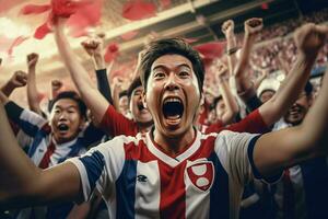 excité Japon Football Ventilateurs applaudissement pour leur équipe pendant une Jeu à stade. ai généré pro photo