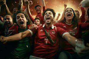 excité Maroc Football Ventilateurs applaudissement pour leur équipe pendant une Jeu à stade. ai généré pro photo
