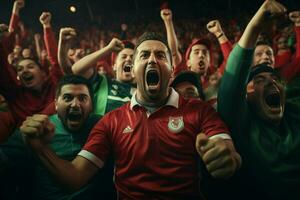 excité Maroc Football Ventilateurs applaudissement pour leur équipe pendant une Jeu à stade. ai généré pro photo