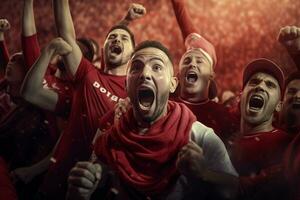 excité Maroc Football Ventilateurs applaudissement pour leur équipe pendant une Jeu à stade. ai généré pro photo