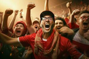 excité Maroc Football Ventilateurs applaudissement pour leur équipe pendant une Jeu à stade. ai généré pro photo