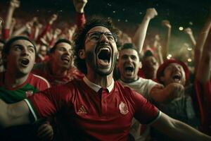 excité Maroc Football Ventilateurs applaudissement pour leur équipe pendant une Jeu à stade. ai généré pro photo