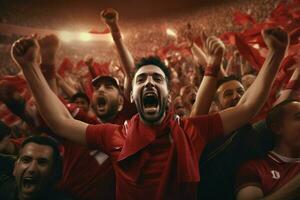 excité Maroc Football Ventilateurs applaudissement pour leur équipe pendant une Jeu à stade. ai généré pro photo