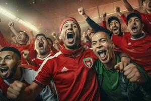 excité Maroc Football Ventilateurs applaudissement pour leur équipe pendant une Jeu à stade. ai généré pro photo