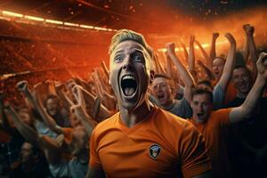 excité Pays-Bas Football Ventilateurs applaudissement pour leur équipe pendant une Jeu à stade. ai généré pro photo