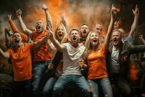 excité Pays-Bas Football Ventilateurs applaudissement pour leur équipe pendant une Jeu à stade. ai généré pro photo