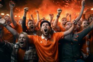 excité Pays-Bas Football Ventilateurs applaudissement pour leur équipe pendant une Jeu à stade. ai généré pro photo