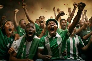 excité Nigeria Football Ventilateurs applaudissement pour leur équipe pendant une Jeu à stade. ai généré pro photo