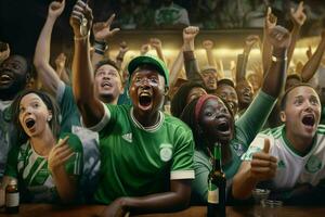 excité Nigeria Football Ventilateurs applaudissement pour leur équipe pendant une Jeu à stade. ai généré pro photo