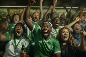 excité Nigeria Football Ventilateurs applaudissement pour leur équipe pendant une Jeu à stade. ai généré pro photo