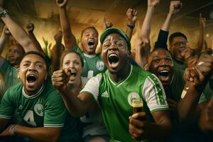 excité Nigeria Football Ventilateurs applaudissement pour leur équipe pendant une Jeu à stade. ai généré pro photo