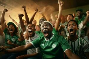excité Nigeria Football Ventilateurs applaudissement pour leur équipe pendant une Jeu à stade. ai généré pro photo