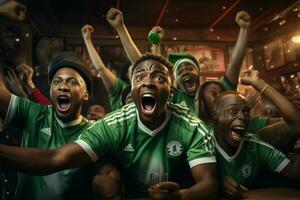 excité Nigeria Football Ventilateurs applaudissement pour leur équipe pendant une Jeu à stade. ai généré pro photo