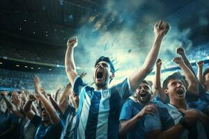 excité Argentine Football Ventilateurs applaudissement pour leur équipe pendant une Jeu à stade. ai généré pro photo