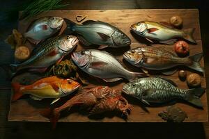 assortiment de Frais poisson sur une en bois Contexte. Haut voir. ai généré pro photo