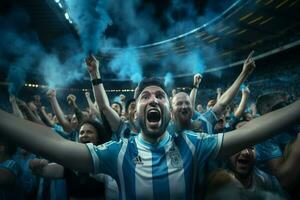 excité Argentine Football Ventilateurs applaudissement pour leur équipe pendant une Jeu à stade. ai généré pro photo