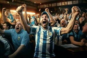 excité Argentine Football Ventilateurs applaudissement pour leur équipe pendant une Jeu à stade. ai généré pro photo