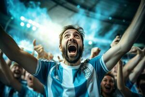 excité Argentine Football Ventilateurs applaudissement pour leur équipe pendant une Jeu à stade. ai généré pro photo