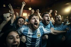 excité Argentine Football Ventilateurs applaudissement pour leur équipe pendant une Jeu à stade. ai généré pro photo