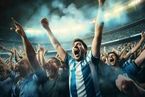 excité Argentine Football Ventilateurs applaudissement pour leur équipe pendant une Jeu à stade. ai généré pro photo