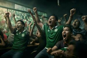 excité bangladesh Football Ventilateurs applaudissement pour leur équipe pendant une Jeu à stade. ai généré pro photo