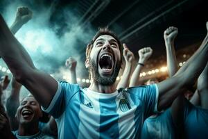 excité Argentine Football Ventilateurs applaudissement pour leur équipe pendant une Jeu à stade. ai généré pro photo