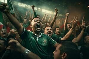 excité bangladesh Football Ventilateurs applaudissement pour leur équipe pendant une Jeu à stade. ai généré pro photo