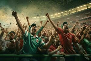 excité bangladesh Football Ventilateurs applaudissement pour leur équipe pendant une Jeu à stade. ai généré pro photo