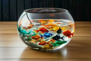 poisson rouge dans une rond verre aquarium sur une en bois table dans le chambre. ai généré pro photo