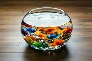 poisson rouge dans une rond verre aquarium sur une en bois table dans le chambre. ai généré pro photo