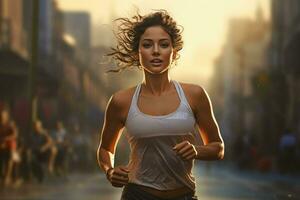 Jeune femme fonctionnement dans le pluie. sport et en bonne santé mode de vie concept. ai généré pro photo