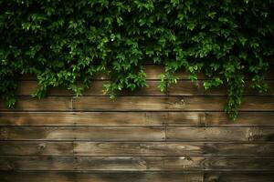 en bois mur couvert avec vert feuilles. Naturel Contexte pour conception. ai généré pro photo