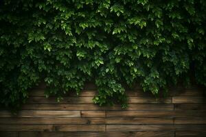 en bois mur couvert avec vert feuilles. Naturel Contexte pour conception. ai généré pro photo
