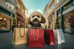 mignonne chien avec achats Sacs dans le ville. achats concept. ai généré pro photo