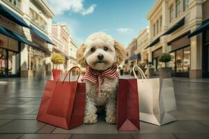 mignonne chien avec achats Sacs dans le ville. achats concept. ai généré pro photo