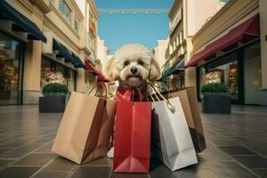 mignonne chien avec achats Sacs dans le ville. achats concept. ai généré pro photo