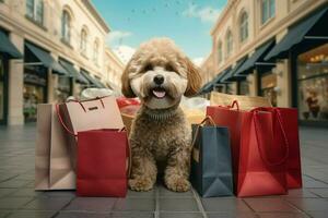 mignonne chien avec achats Sacs dans le ville. achats concept. ai généré pro photo